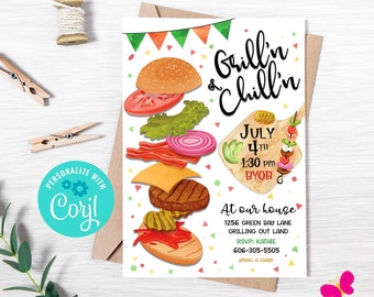 INSTANT DOWNLOAD BBQ Party Invitations, Bbq Birthday Invite, Bbq Birthday Party, Grilling N Chilling Birthday Party, Corjl Editable Template