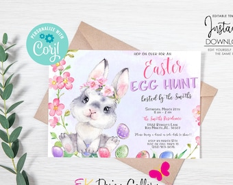 Invitación editable para la búsqueda de huevos de Pascua: Invitación para fiesta de conejitos (Editable, descarga instantánea)