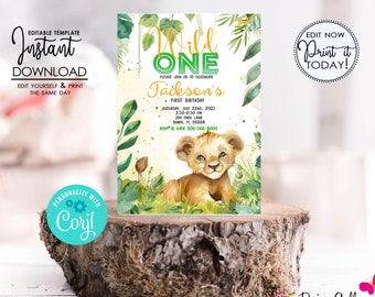 May include: Editable printable invitation for a first birthday party with a jungle theme. The invitation features a cute cartoon lion cub with green foliage and the text "Wild One Jackson's First Birthday".