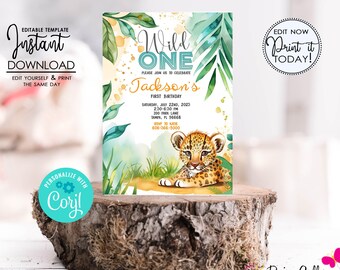 May include: Editable printable invitation for a first birthday party with a jungle theme. The invitation features a cute cartoon leopard cub, green leaves, and the text "Wild One Jackson's First Birthday".