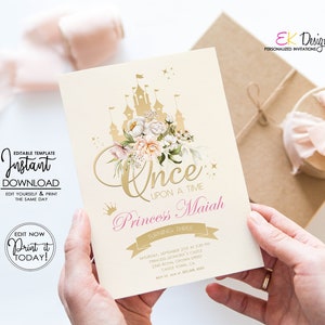 Bewerkbare prinses verjaardagsuitnodiging Once Upon a Time verjaardagsfeestje prinses thema Koninklijk kasteelfeest Instant Download Corjl-sjabloon