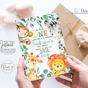 Wild One Safari Invitation: Jungle Animals Birthday Invite (Editable, Instant Download)
