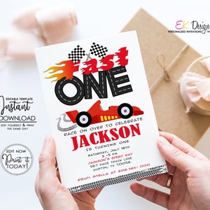 Editable Race Car Invitation Racing Car Theme Party Boys 1st Birthday Race Car First Birthday Invite, Corjl Template, INSTANT DOWNLOAD