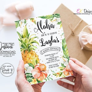 Tropical Pineapple Birthday Invitation: Aloha Hawaiian Party (Corjl Template)