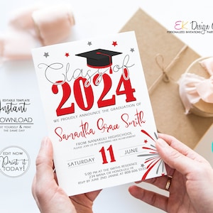 Graduation 2024 Invitation, Red Grad Invite, Graduation Party Invite, Class of 2024 Celebration, Instant Download, Corjl EDITABLE Template image 1