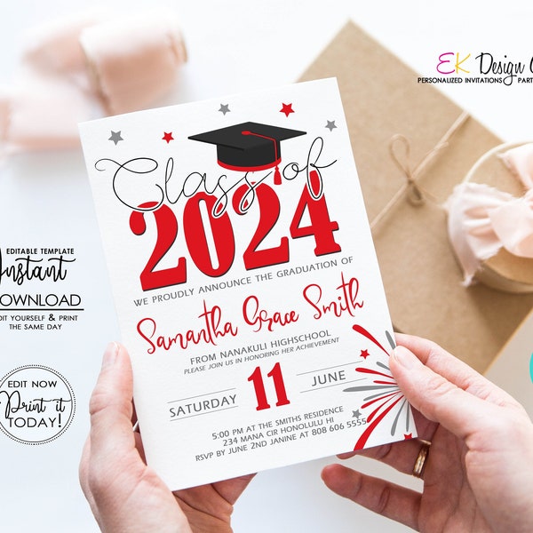 Graduation 2024 Invitation, Red Grad Invite, Graduation Party Invite, Class of 2024 Celebration, Instant Download, Corjl EDITABLE Template