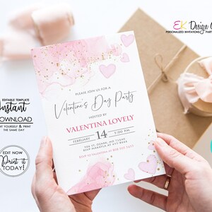 Valentine&#39;s Party Invitation: Pink Watercolor Heart Invite (Editable, Instant Download)