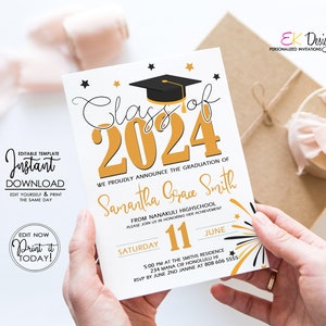 INSTANT DOWNLOAD Graduation 2024 Invitation, Gold Grad Invite, Graduation Party Invite, Class of 2024 Celebration, Corjl EDITABLE Template