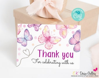 Butterfly Thank You Card, Butterfly Birthday, Thank You Card, Butterfly Party Thank You Card, Corjl EDITABLE Template, Instant Download