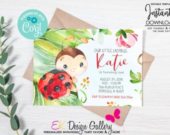 INSTANT DOWNLOAD LadyBug Invitation, Lady Bug Birthday, LadyBug Invite, LadyBug Party, LadyBug Watercolor Invite, Corjl EDITABLE Template