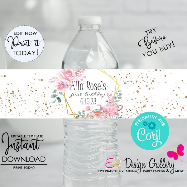 Tea Party Water Bottle Label, Tea Party Birthday, Tea Party Birthday Decorations, Editable Tea Party Water BottleWrap, INSTANT DOWNLOAD