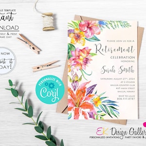 Tropical Retirement Invitation, Island Style Retirement, Aloha Invite, Hawaiian Retirement Party, Instant Download, Corjl EDITABLE Template