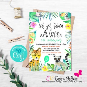 Wild Safari Birthday Invitation, Wild One Jungle Safari Animals, Lemur Party Invite Instant Digital Download Template