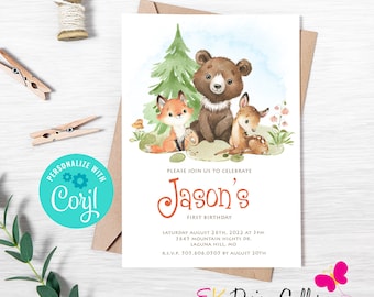 Woodland Animals Birthday Invitation: Editable Corjl Template (Digital Download)