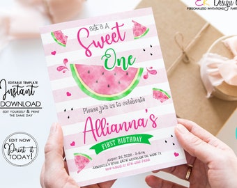 Watermelon Birthday Invitation, She's a Sweet One, Watermelon Theme, Watermelon Summer Party, Instant Download, Corjl EDITABLE Template