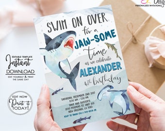 Editable Shark Birthday Party Invitation: Beach Theme Invite (INSTANT DOWNLOAD)