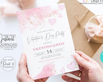 Valentine's Party Invitation: Pink Watercolor Heart Invite (Editable, Instant Download)