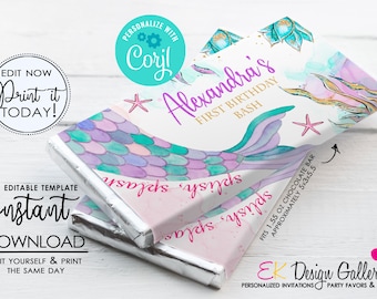 Mermaid Candy Bar Wrapper, Mermaid Birthday Party, Under The Sea Chocolate Wrapper, Party Favor, Instant Download, Corjl EDITABLE Template