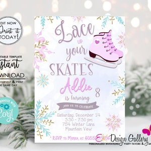 Eislaufen-Geburtstags-Party Einladung Mädchen-Eislaufen-Rosa-Geburtstag einladen, Winter-Skating-Party, sofortiger Download Corjl EDITIERBARE Vorlage
