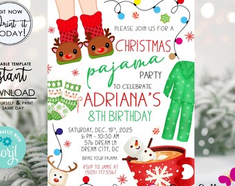 Christmas Pajama Party Invitation, Holiday Sleepover Birthday Invite, Girls Night EDITABLE (Instant Download)