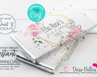 Tea Party Chocolate Bar Wrapper: Editable Candy Wrap (Instant Download)