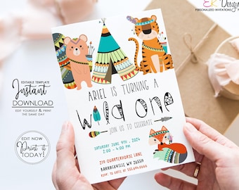 Tribal Woodland Animals Birthday Invitation, Wild One Party Invite (Editable, Instant Download)