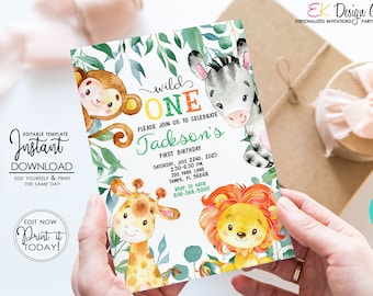 Wild One Safari Invitation: Jungle Animals Birthday Invite (Editable, Instant Download)