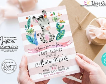Baby Zebra Shower Invitation, It's a Girl Party Invite, Digital Instant Download Template