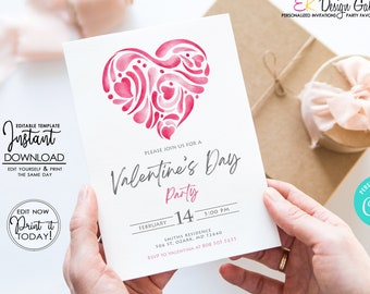Valentine's Day Heart Invitation, Valentines Party Invite, Editable, Digital Download