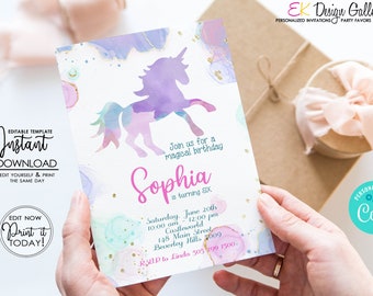 Unicorn Invitation, Girls Magical Birthday Party Invite (Editable, Instant Download)