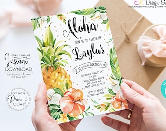 Tropical Pineapple Invitation, Island Style Birthday, Aloha Invitation, Hawaiian Birthday Party, I Stanton Download, Corjl EDITABLE Template