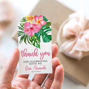 Etiquetas para festa Tropical Aloha, etiqueta de agradecimento com flores havaianas, etiqueta de lembrancinhas tropicais, etiqueta para festa estilo ilha, download instantâneo Corjl editável