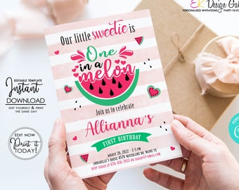 One in a Melon Birthday Invitation: Watermelon Party, Editable Template (Instant Download)