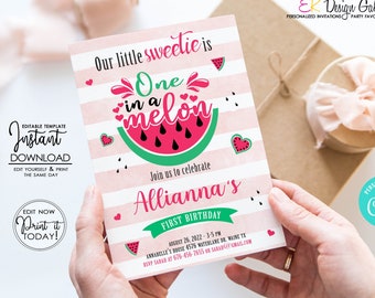 One In a Melon Birthday Invitation, Watermelon Invite, Watermelon Theme, Watermelon Summer Party, Instant Download, Corjl EDITABLE Template