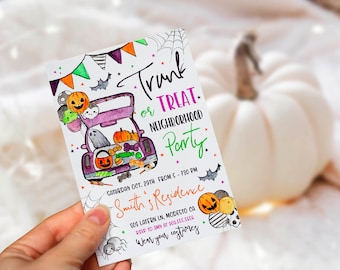 May include: A Halloween party invitation with a cartoon illustration of a car decorated with pumpkins, ghosts, and candy. The text reads "Trunk or Treat Neighborhood Party" and includes the date, time, and location of the event.