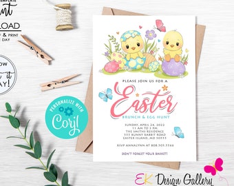 INSTANT DOWNLOAD Easter Brunch Invitation, Easter Egg Hunt Invite, Easter Celebration, Easter Chick Invitation, Corjl EDITABLE Template