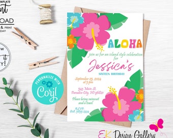 Island Style Birthday Invitation, Hawaiian Style Birthday, Luau Party, Aloha Birthday Invite, Instant Download, Corjl EDITABLE Template