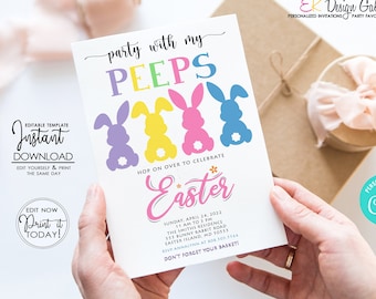 Party with My Peeps Invitation, Easter Egg Hunt Template Invite (Editable, Instant Download)