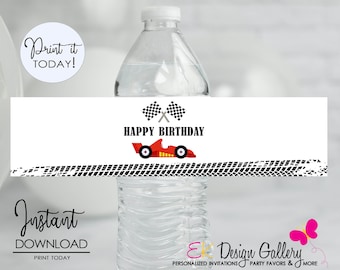 May include: Printable water bottle label with a red race car and checkered flags. The label says "Happy Birthday" and has a black and white tire tread design.