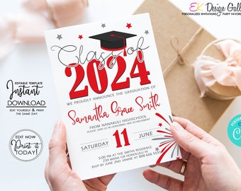 Graduation 2024 Invitation, Red Grad Invite, Graduation Party Invite, Class of 2024 Celebration, Instant Download, Corjl EDITABLE Template