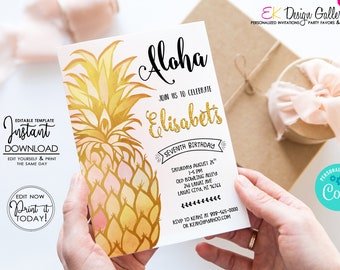 Pineapple Birthday Invitation, Island Style Birthday Party, Aloha Invite, Hawaiian Birthday Party, Instant Download, Corjl EDITABLE Template