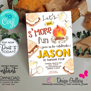 May include: A watercolor-style invitation for a birthday party with a campfire and s'mores theme. The invitation says "Let's Have S'more Fun" and "Join us to celebrate Jason is turning four". The invitation includes the date, time, and location of the party.