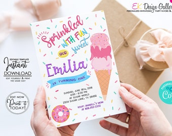 Ice Cream Invitation, Ice Cream Birthday, Ice Cream Birthday Party, Ice Cream Digital Invite, Corjl EDITABLE Template, INSTANT Download