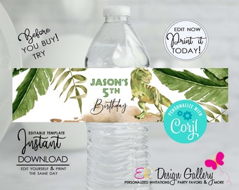 May include: Editable water bottle label template featuring a green dinosaur, tropical leaves, and the text "Jason's 5th Birthday". The label is designed for a birthday party and includes the text "Edit Now Print it Today!" and "Personalize with Coril".