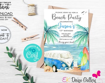 INSTANT DOWNLOAD Boy Beach Party Invitation, Summer Boy Birthday, Surf Birthday Invite, Boy Surfing, Corjl EDITABLE Template, Digital Invite