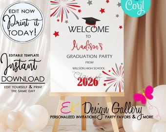 Graduation Party Welcome Sign, Editable Red Silver Class of 2026  Poster (18X24 Instant Download)
