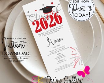 Graduation Party Dinner Menu, Editable Red Silver Table Menu Card (4x8 Instant Download)