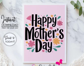 Mother's Day Card, 5x7 Printable Mom's Pink Florals Greeting Note (Instant Download)