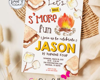 Smores Birthday Invitation: Smore's Bonfire Party Invite (Editable, Digital Download)