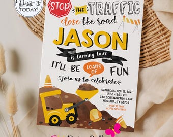 Construction Invitation: Construction Birthday Dump Truck Yellow Digger Invite (Editable, Digital Download)